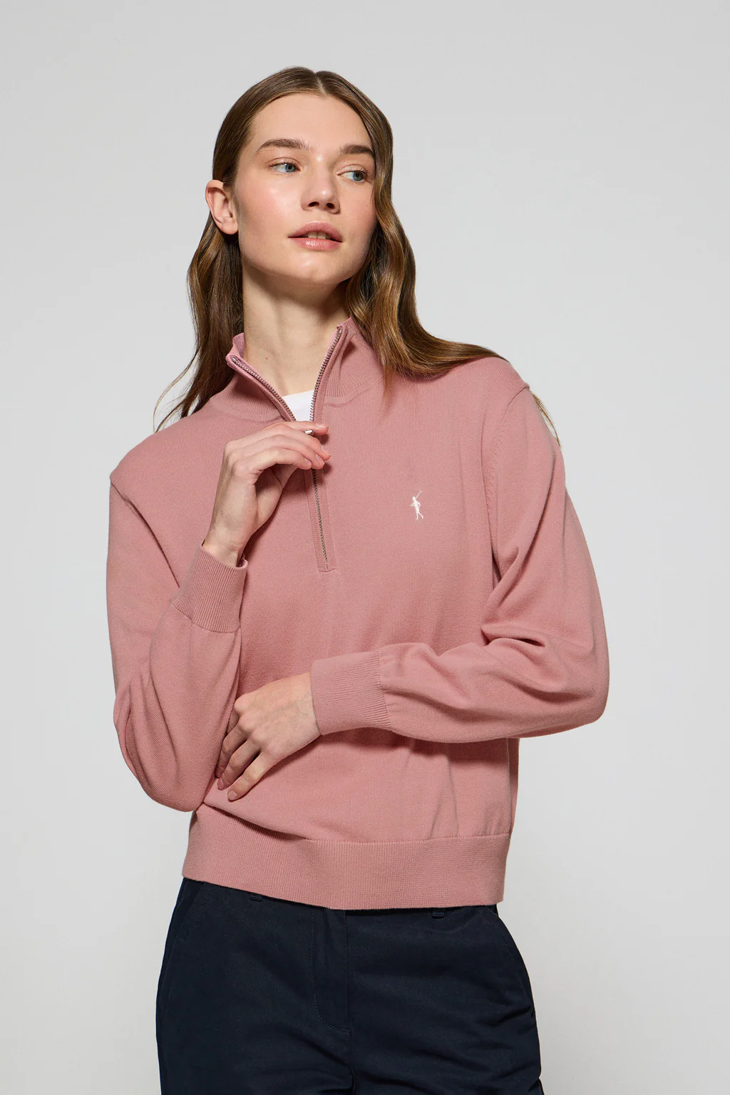 Jersey rosa empolvado de punto con media cremallera y bordado Rigby Go