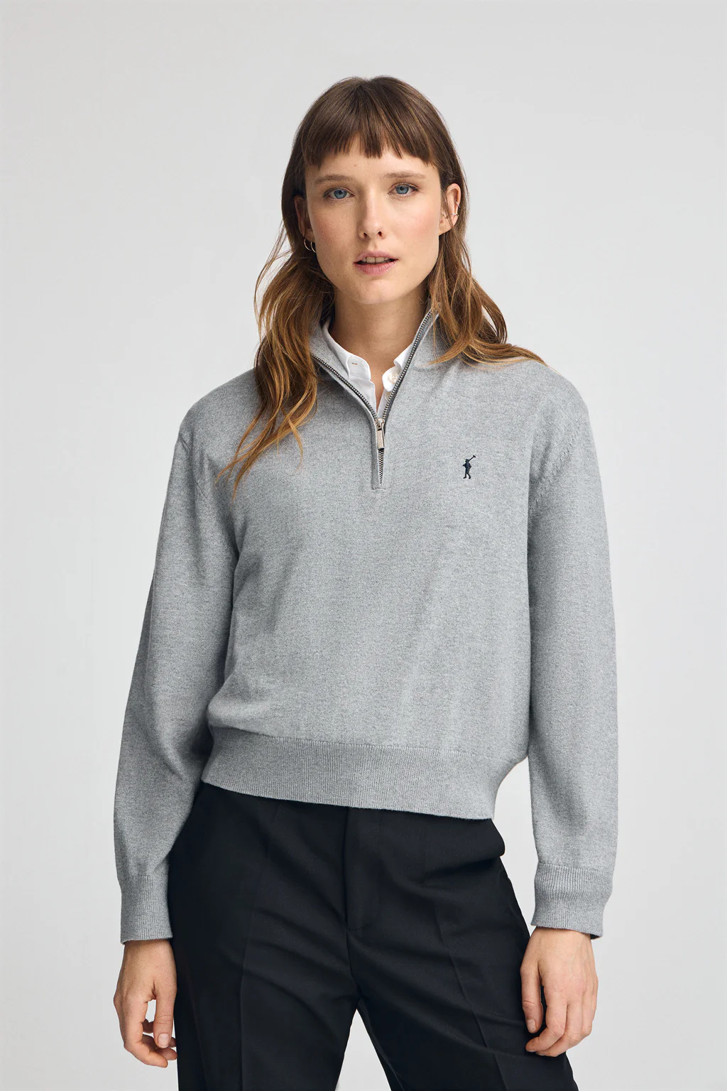 Jersey gris vigoré de mezcla de lana con cuello de media cremallera y bordado Rigby Go