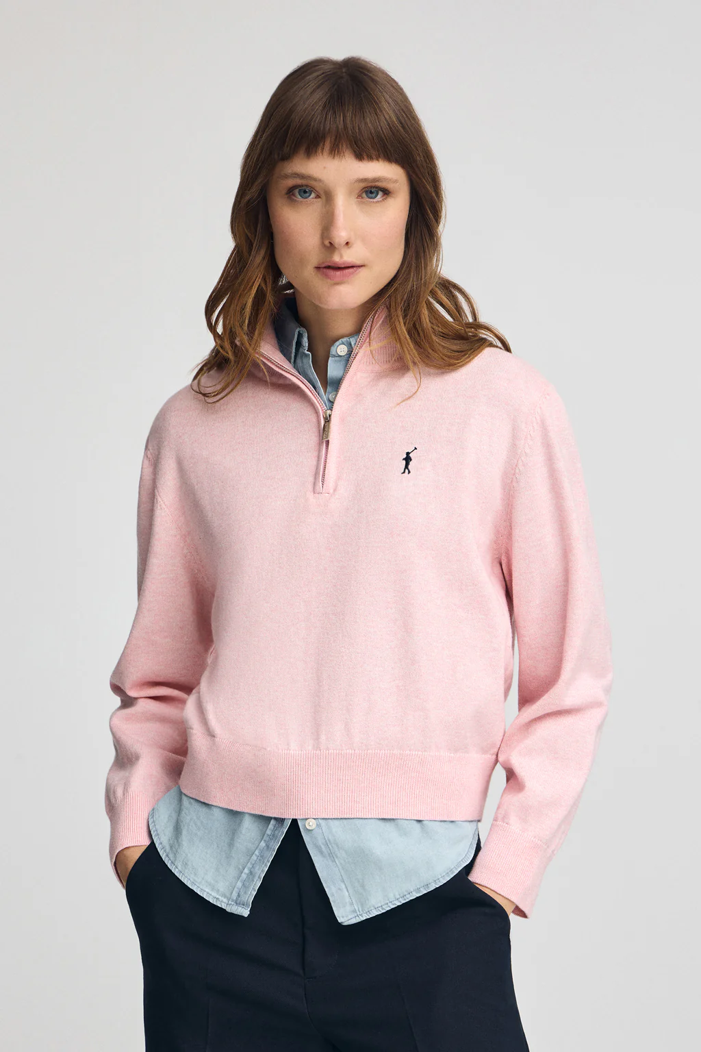 Jersey rosa vigoré de mezcla de lana con cuello de media cremallera y bordado Rigby Go