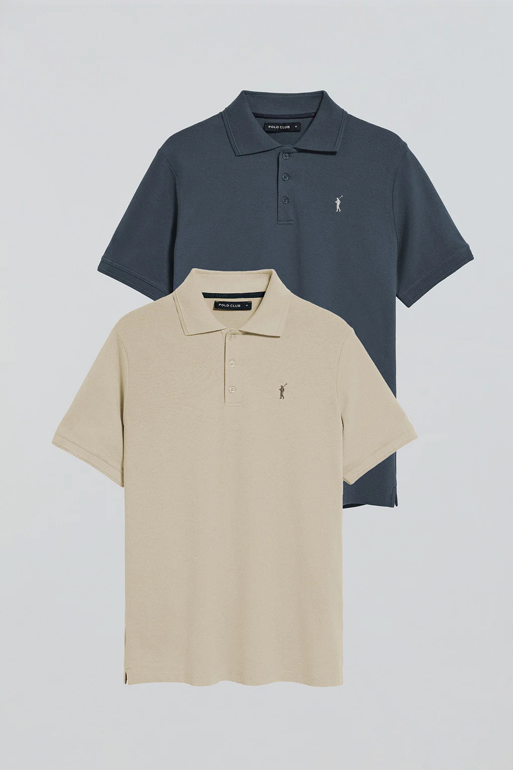 Pack de dos polos de tres botones azul denim y beige con logo Rigby Go