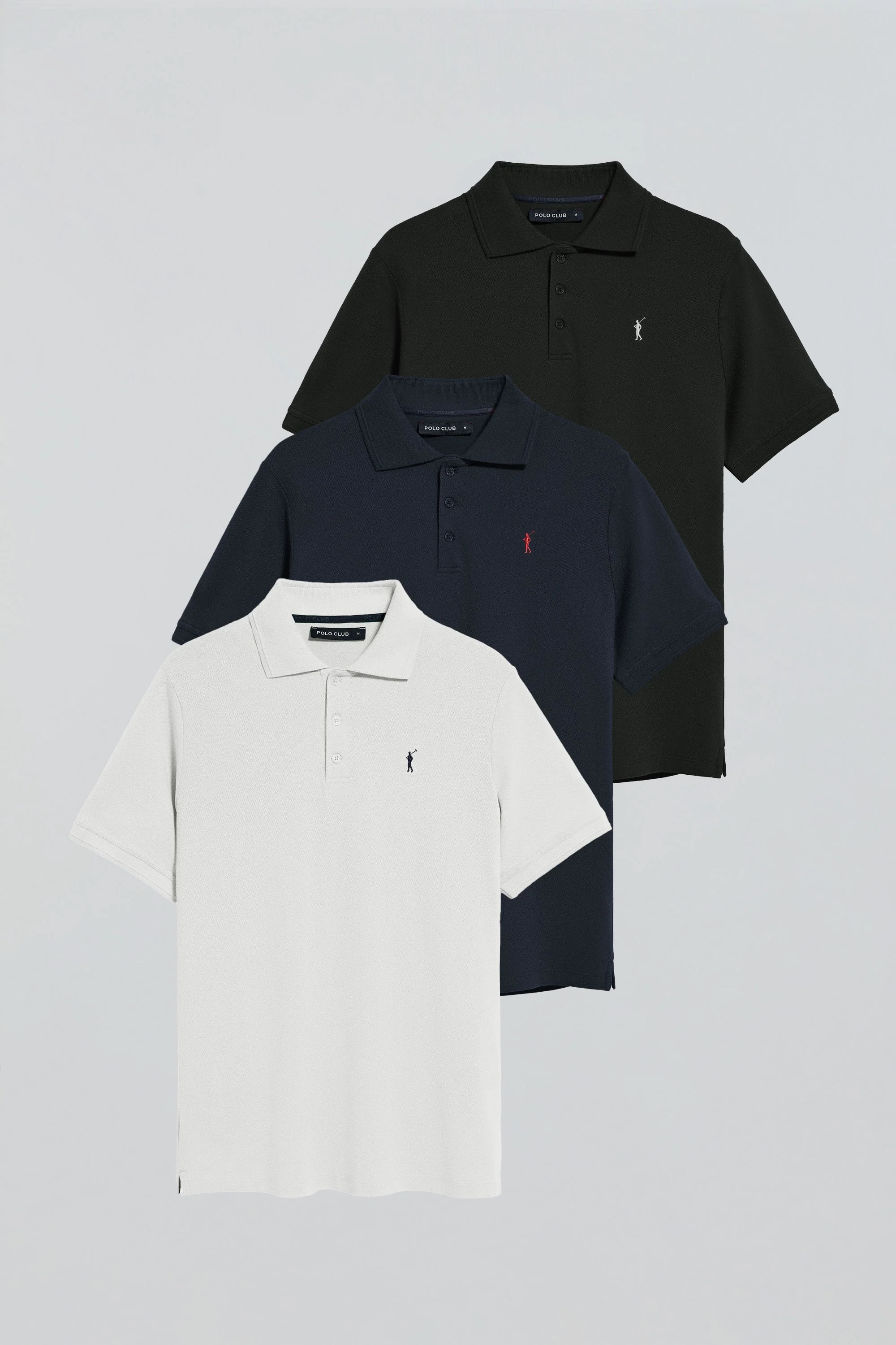 Pack de tres polos de tres botones negro, azul marino y blanco con logo Rigby Go