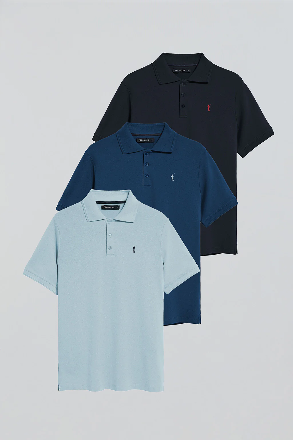 Pack de tres polos de tres botones azul marino, azul claro e índigo  con logo Rigby Go