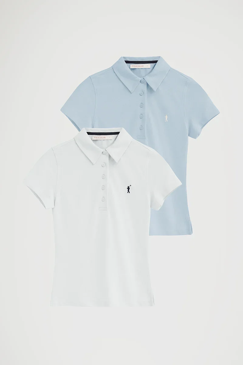 Pack mujer de dos polos en azul claro y blanco de manga corta con corte slim y bordado Rigby Go - Image 8