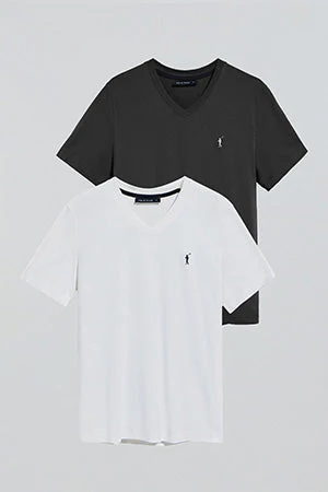 Pack de dos camisetas de cuello de pico negra y blanca con logo Rigby Go - Image 9