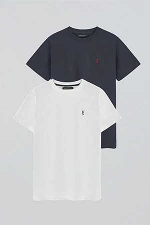 Pack hombre de dos camisetas en azul marino y blanco con cuello redondo y bordado Rigby Go - Image 8