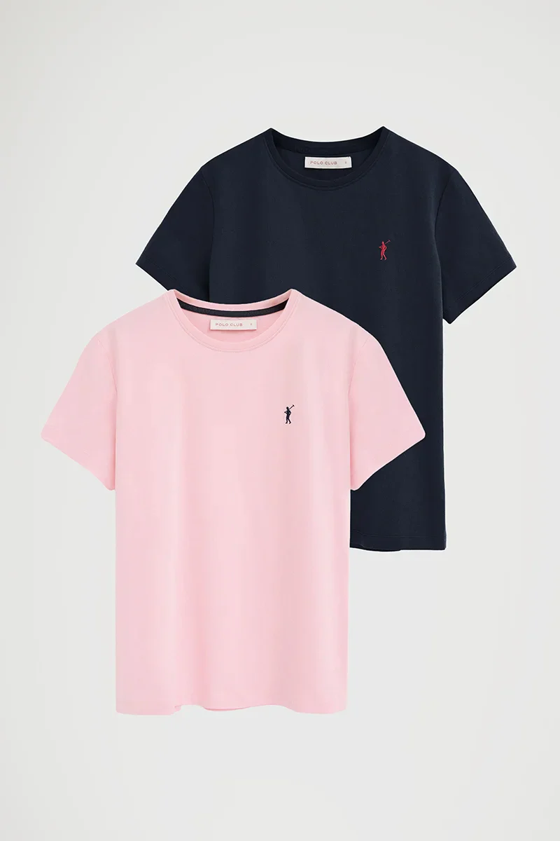 Pack mujer de dos camisetas azul marino y rosa de manga corta y cuello redondo con bordado Rigby Go