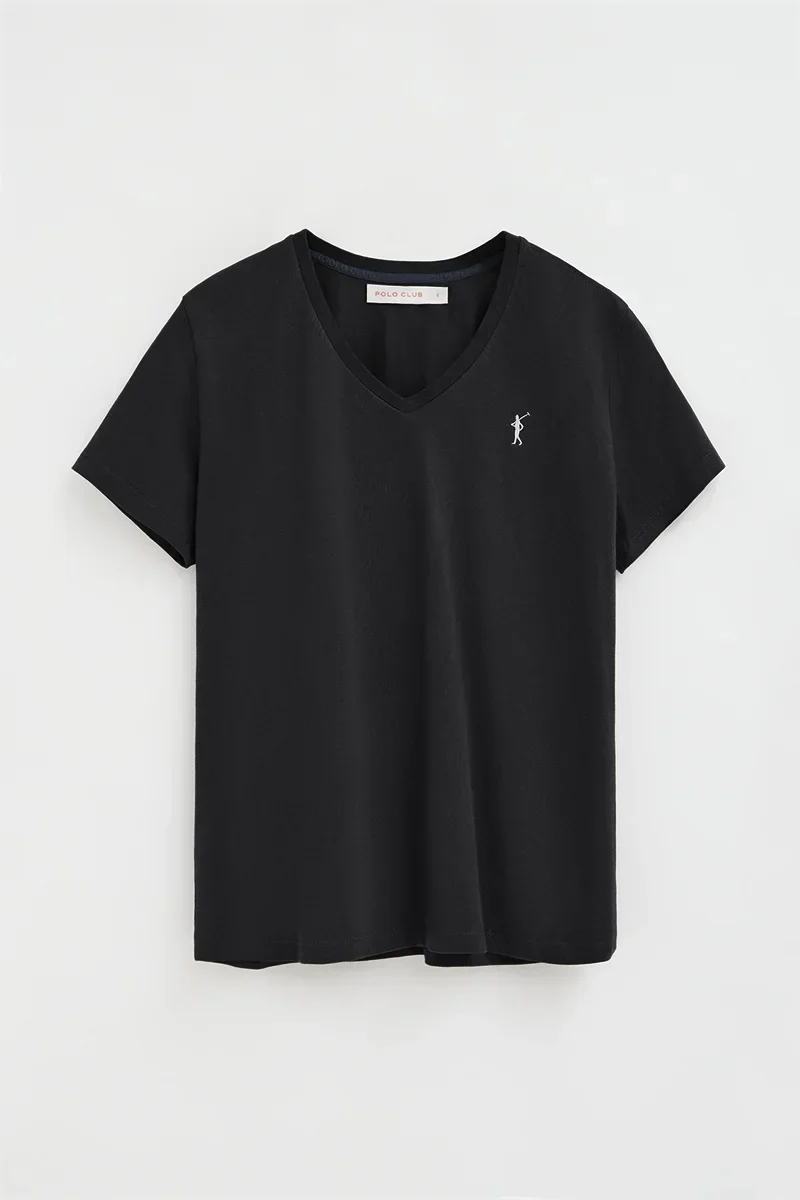 Pack mujer de dos camisetas negra y blanca de manga corta y cuello pico con bordado Rigby Go - Image 5