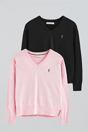 Pack mujer de dos jerseis de punto negro y rosa vigoré de algodón con cuello de pico y bordado Rigby Go - Image 13