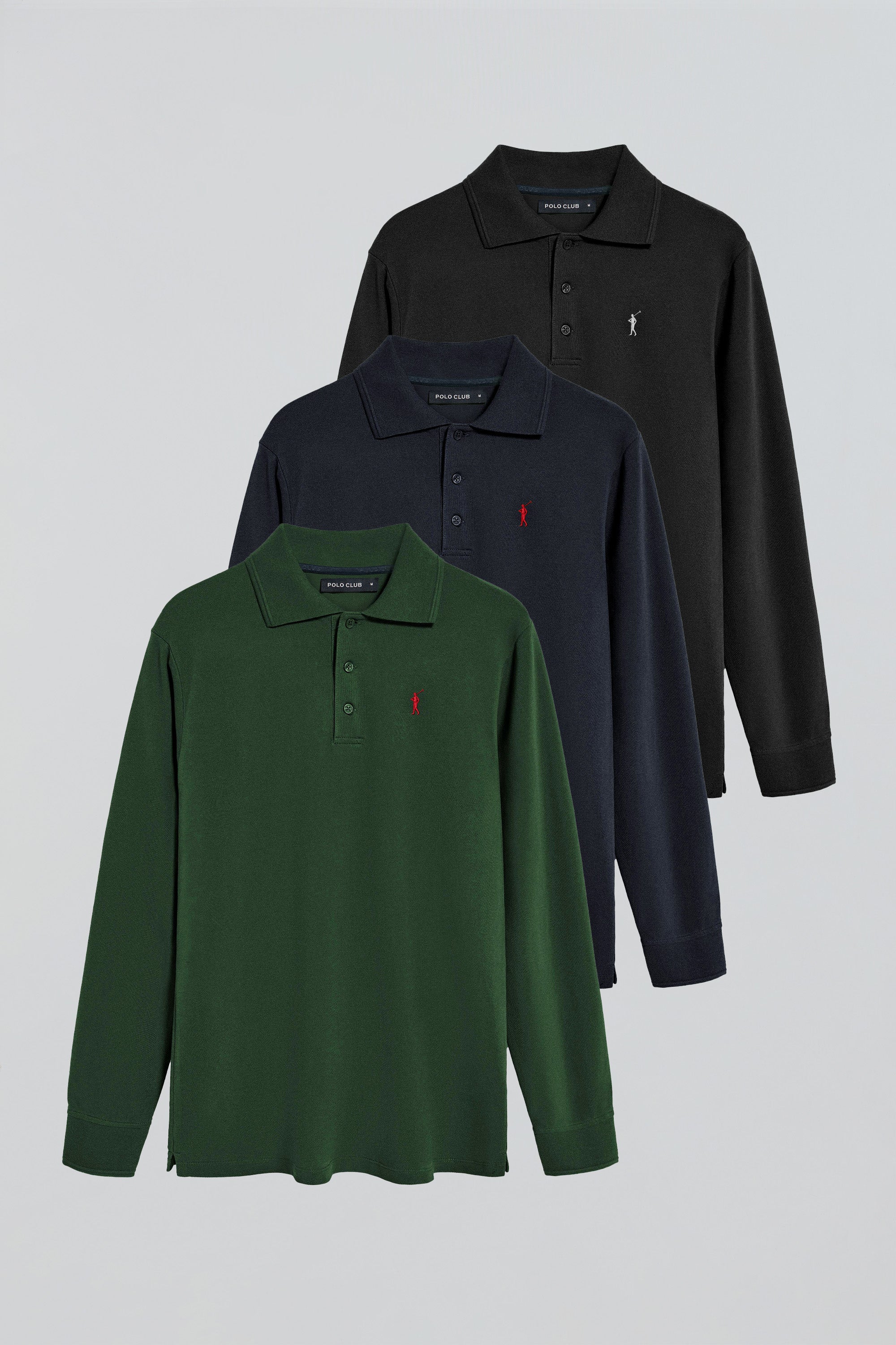 Pack de tres polos de manga larga azul marino, negro y verde botella con logo Rigby Go - Image 11