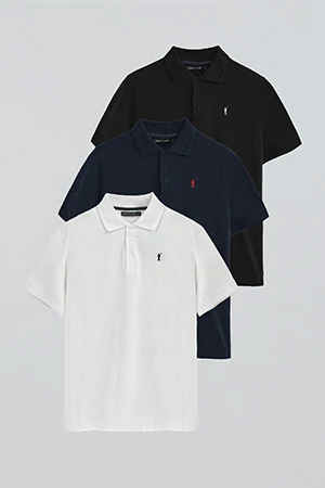 Pack hombre de tres polos azul marino, blanco y negro de piqué con bordado Rigby Go - Image 11