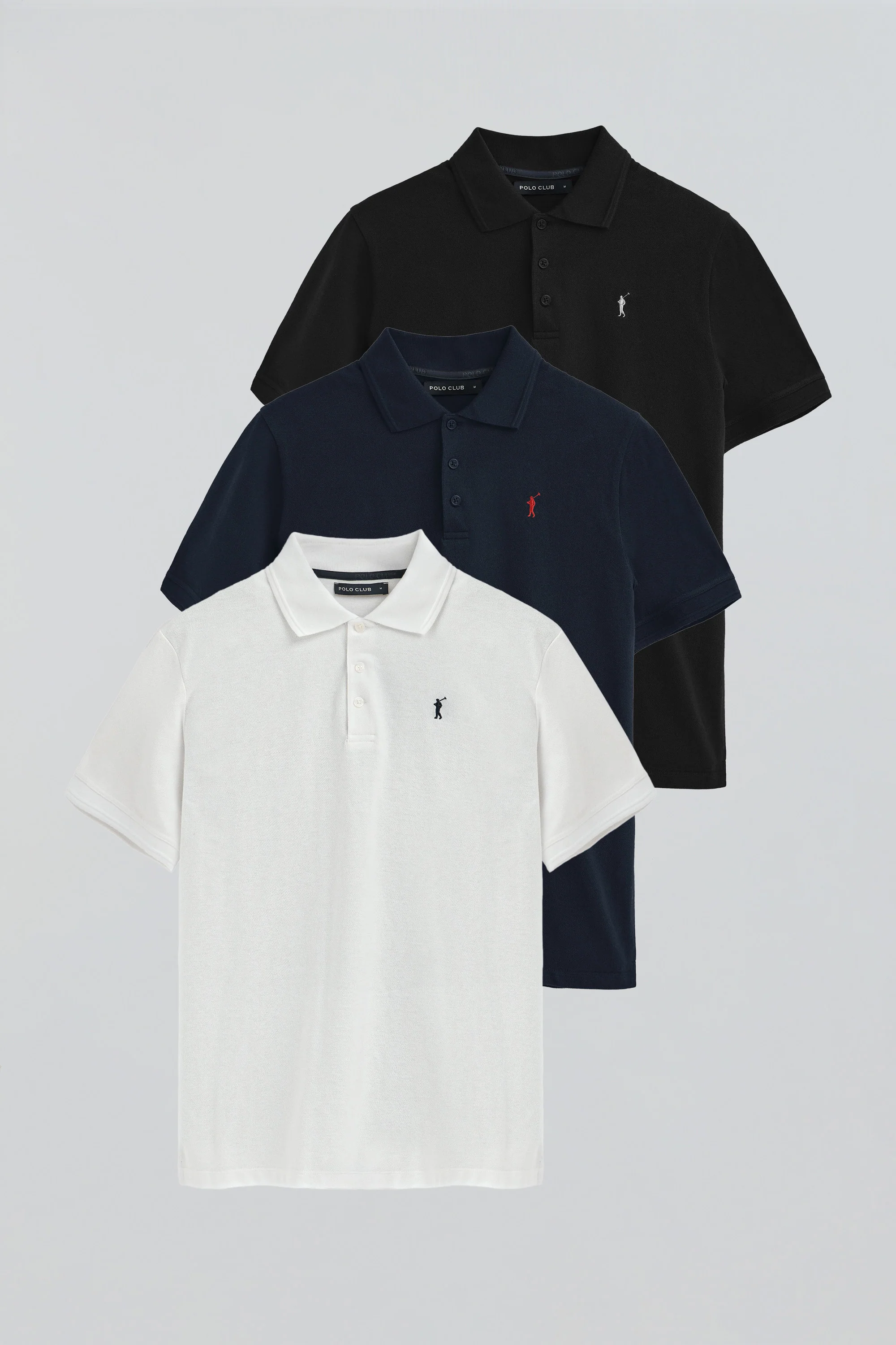 Pack hombre de tres polos azul marino, blanco y negro de piqué con bordado Rigby Go - Image 12