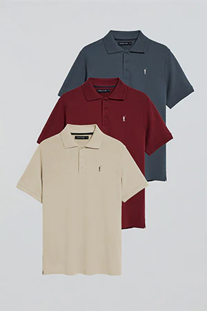 Pack de tres polos de tres botones granate, azul denim y beige con logo Rigby Go - Image 18