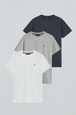 Pack hombre de tres camisetas en azul marino, blanco y gris vigoré con cuello redondo y bordado Rigby Go - Image 11