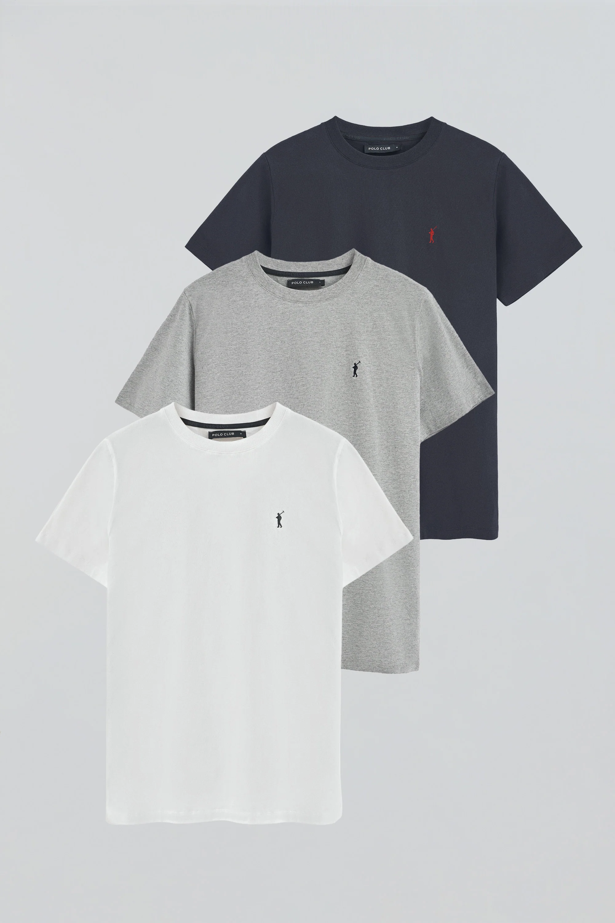 Pack hombre de tres camisetas en azul marino, blanco y gris vigoré con cuello redondo y bordado Rigby Go - Image 12