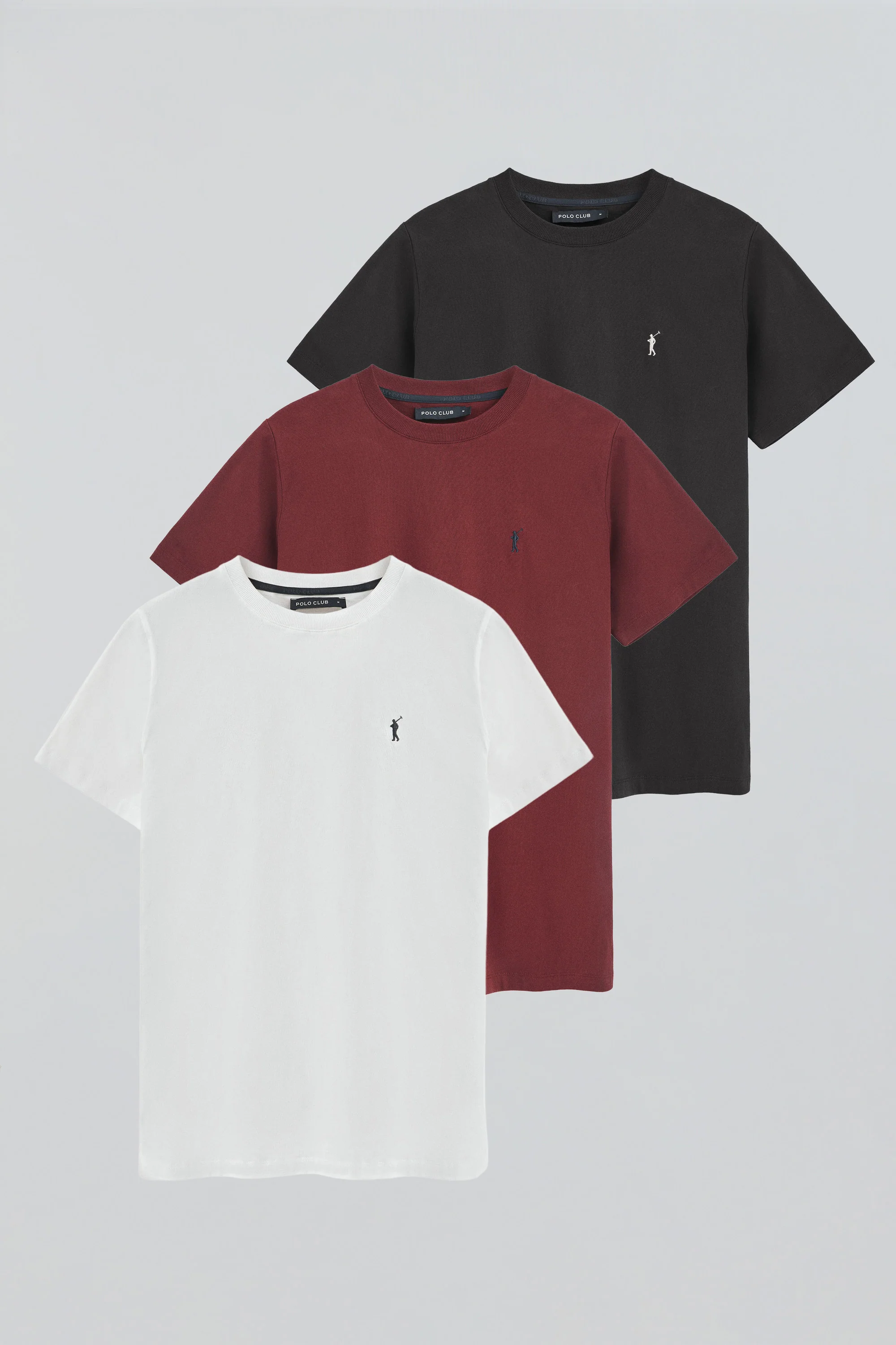 Pack hombre de tres camisetas en blanco, granate y negro con cuello redondo y bordado Rigby Go - Image 12
