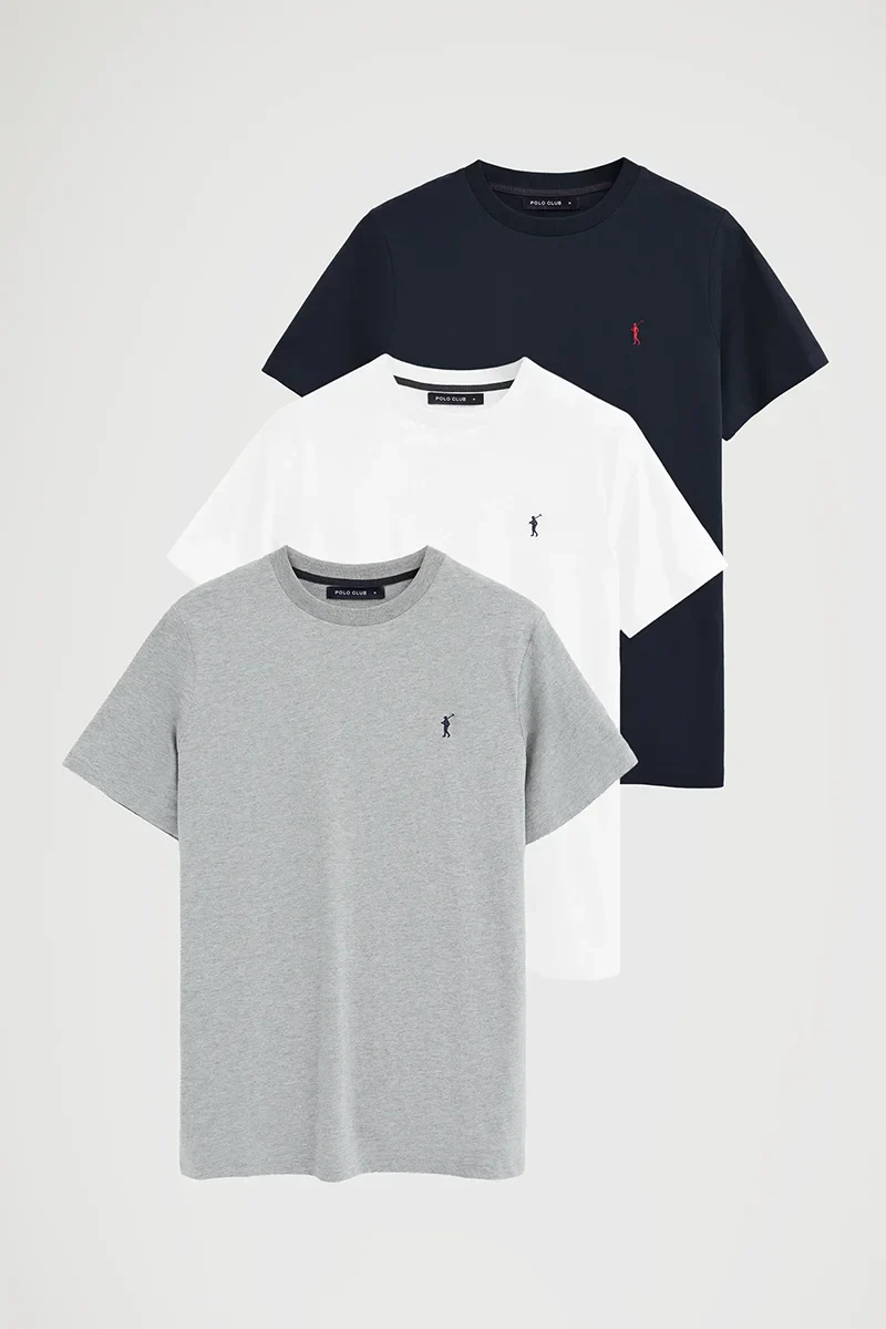 Pack hombre de tres camisetas azul marino, blanca y gris vigoré de manga corta y bordado Rigby Go