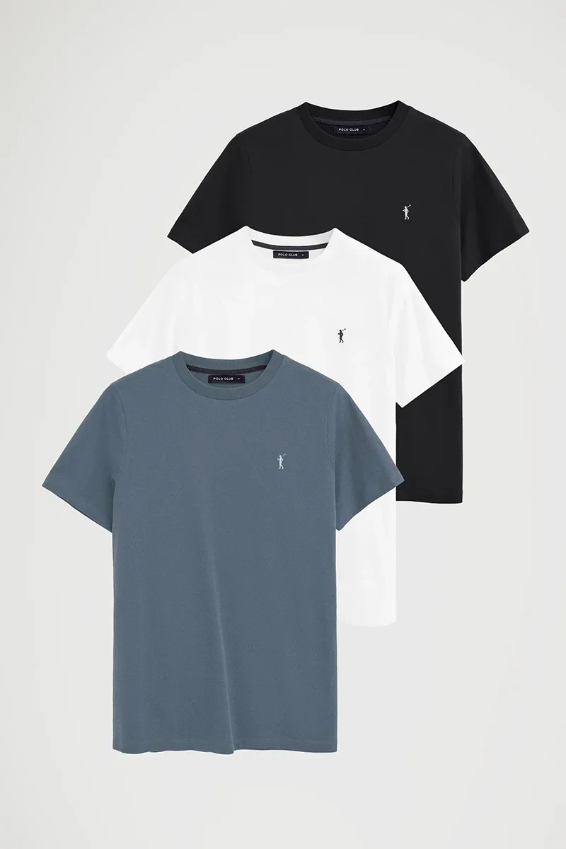Pack hombre de tres camisetas negra, azul denim y blanca de manga corta y bordado Rigby Go