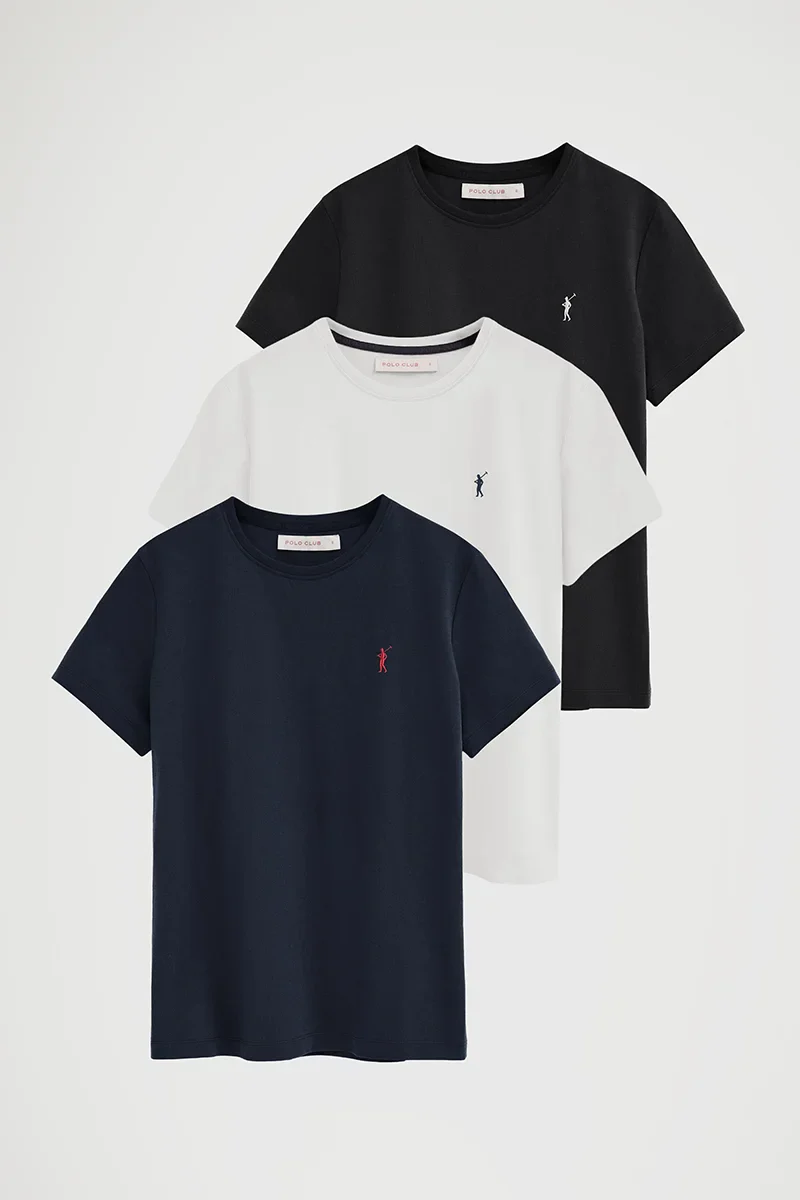 Pack mujer de tres camisetas negra, azul marino y blanca de manga corta y cuello redondo con bordado Rigby Go - Image 11