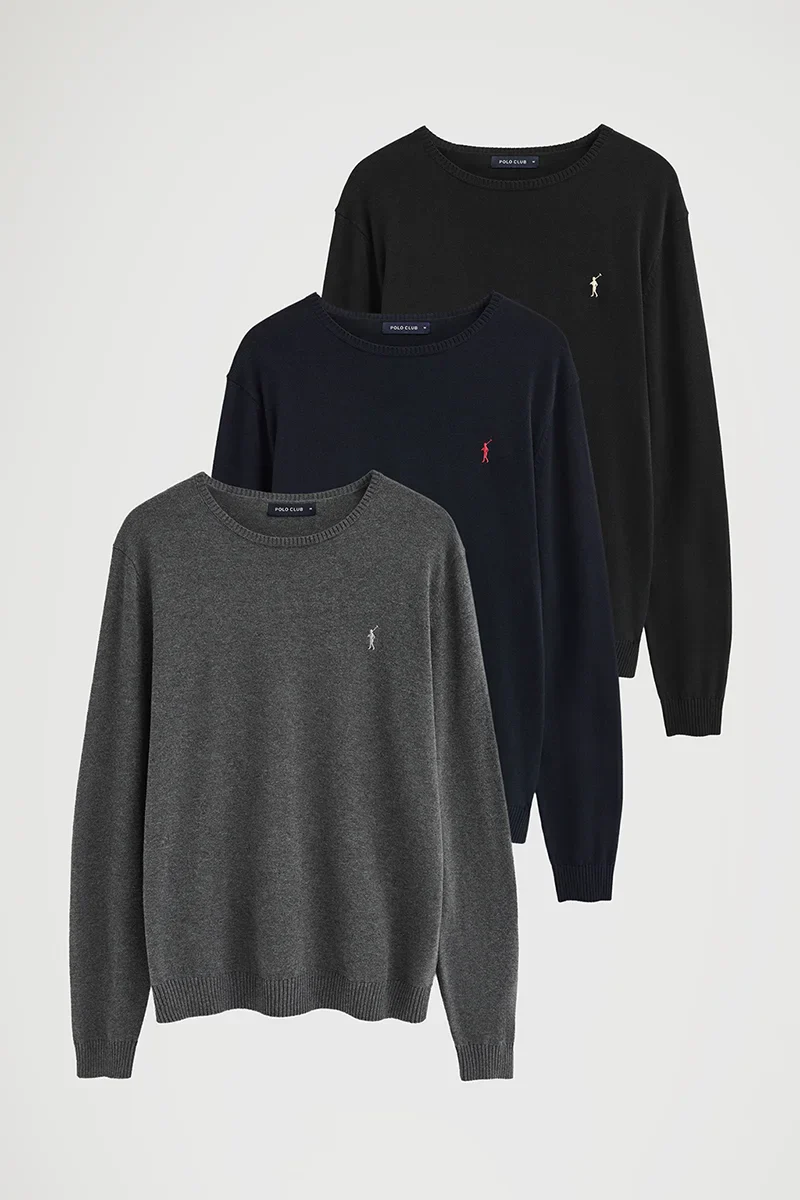 Pack hombre de tres jerséis azul marino, negro y gris oscuro vigoré de cuello redondo con logo Rigby Go