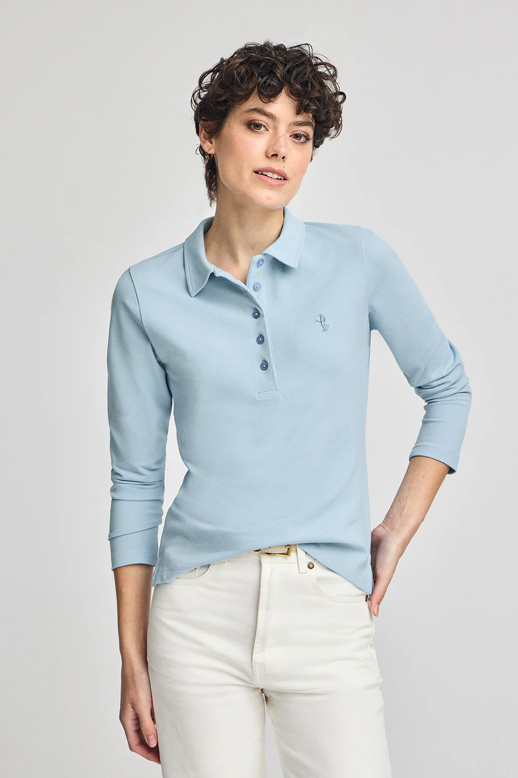 Polo azul claro de manga larga de algodón y bordado Rigby Best