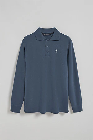 Polo de manga larga de tres botones en azul denim con logo Rigby Go - Image 9