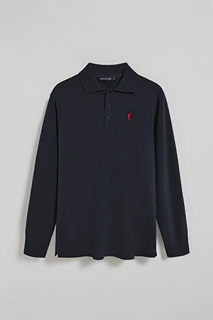Polo de manga larga de tres botones en azul marino con logo Rigby Go - Image 6