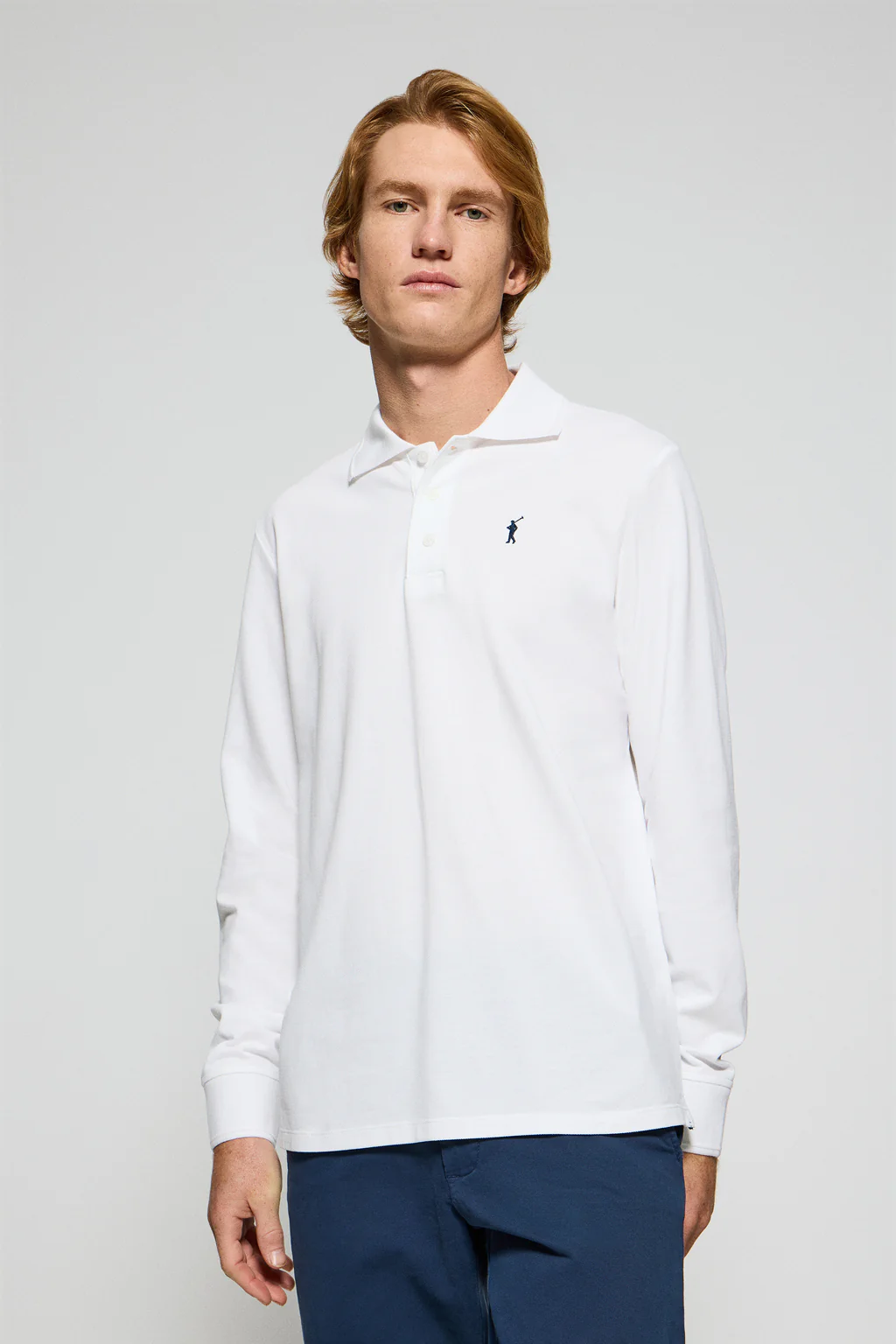 Polo de manga larga de tres botones en blanco con logo Rigby Go