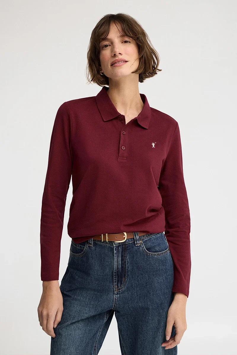 Polo granate de manga larga y corte regular con bordado Rigby Go