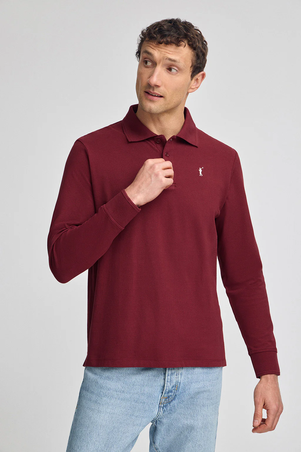 Polo granate de manga larga de tres botones y bordado Rigby Go