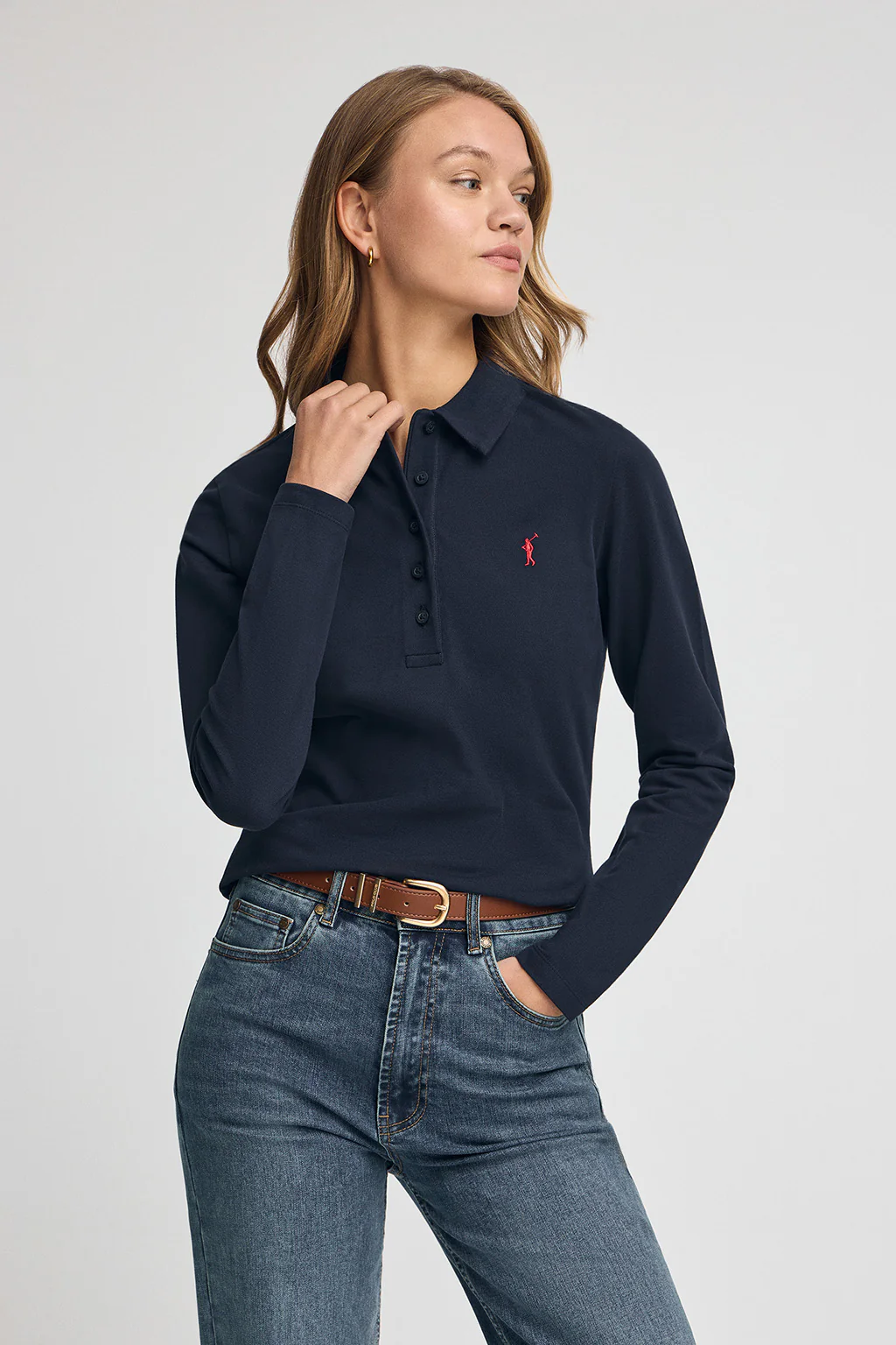 Polo azul oscuro de manga larga y cuello de cinco botones con bordado Rigby Go