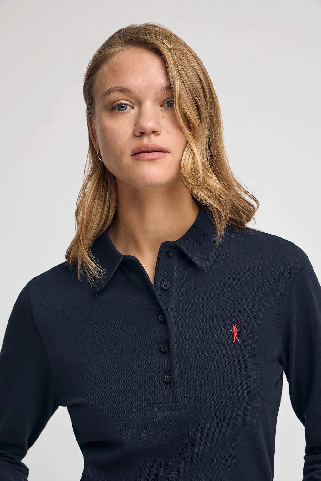 Polo azul oscuro de manga larga y cuello de cinco botones con bordado Rigby Go - Image 2