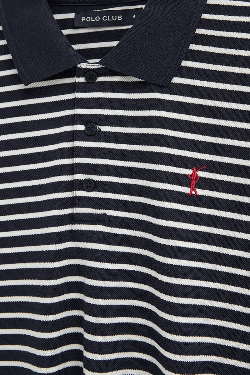 Polo de rayas azul marino y color crudo con logo bordado Rigby Go - Image 7