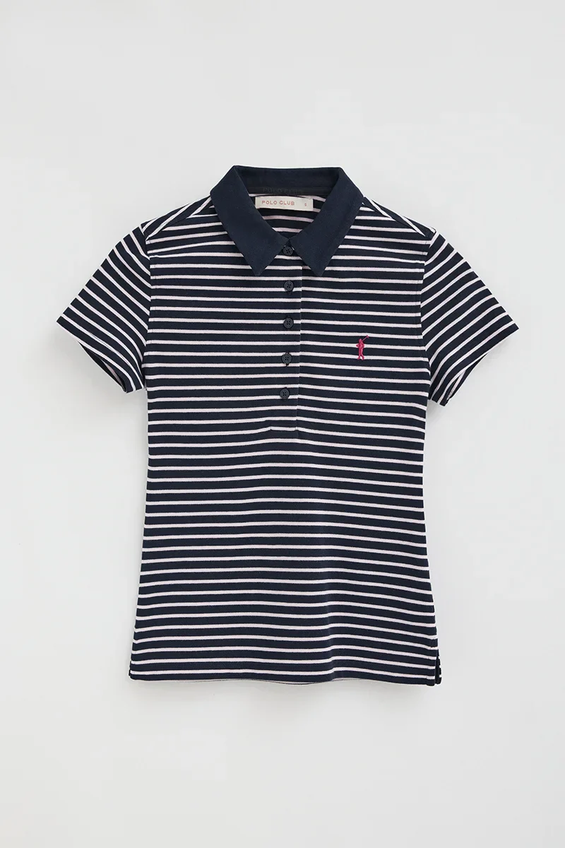 Polo de rayas azul marino y rosa claro de corte slim con bordado Rigby Go - Image 9
