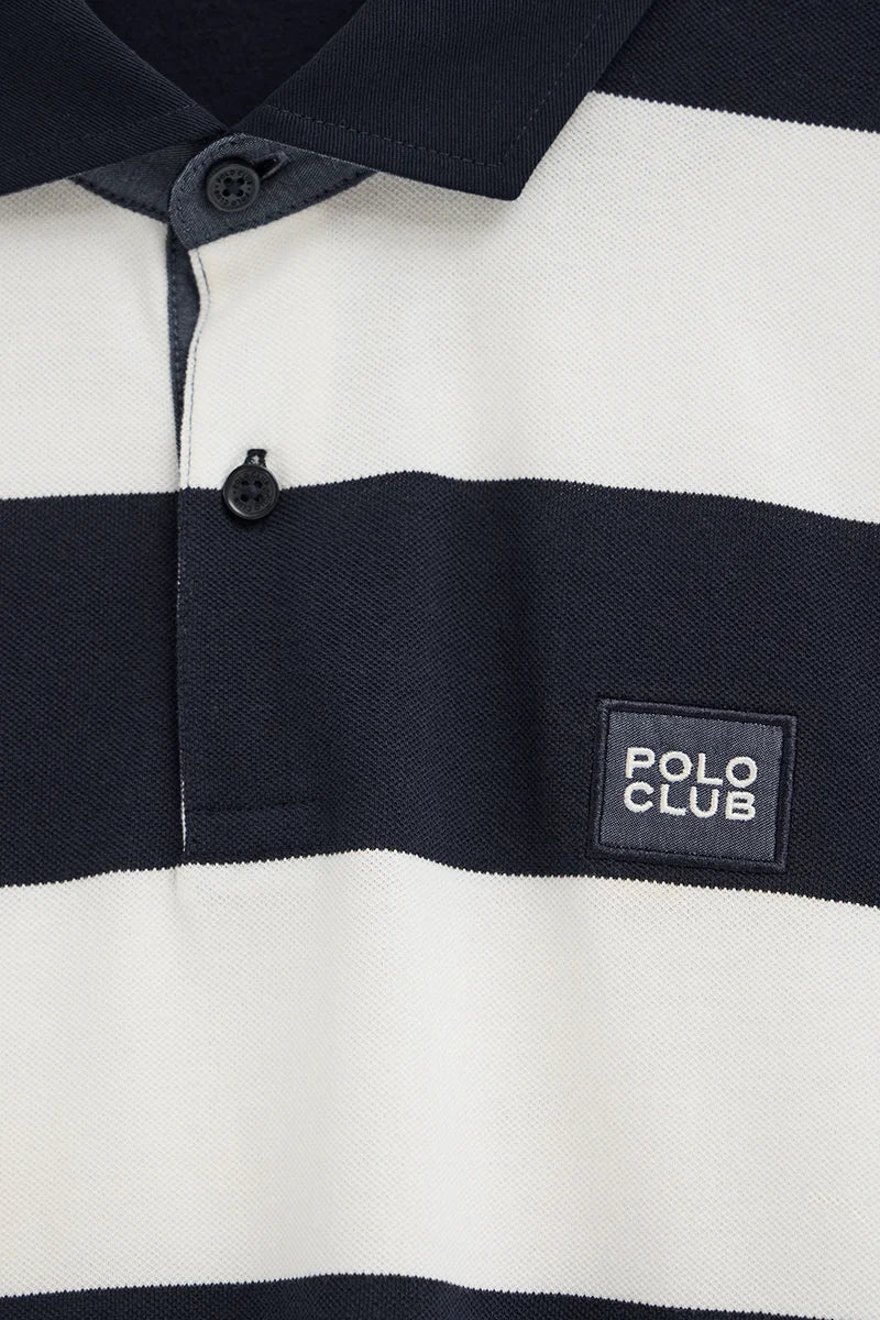 Polo de rayas azul marino y color crudo con parche denim Polo Club - Image 7