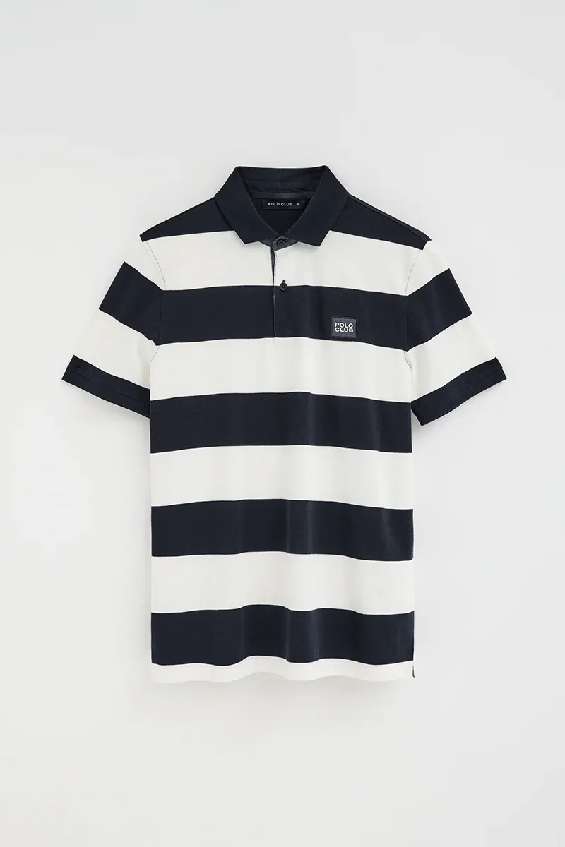 Polo de rayas azul marino y color crudo con parche denim Polo Club - Image 9