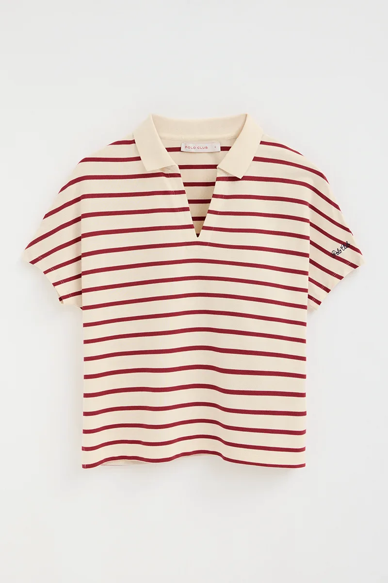 Polo de rayas color crema y rojo quemado con cuello pico sin botones Polo Club - Image 9