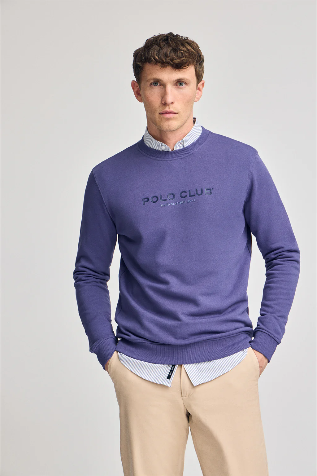 Sudadera violeta azulado regular de cuello redondo y print engomado