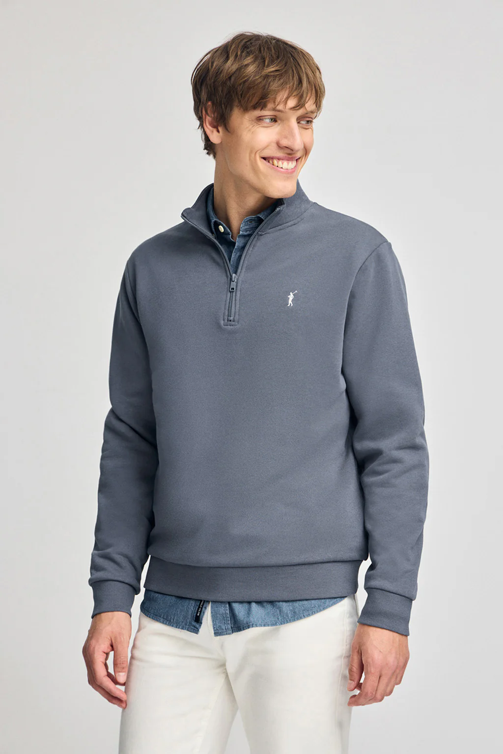 Sudadera azul denim de media cremallera y bordado Rigby Go