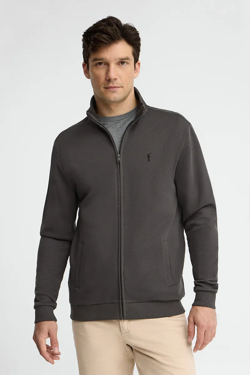 Sudadera gris oscuro de cuello alto con cremallera completa y bordado Rigby Go