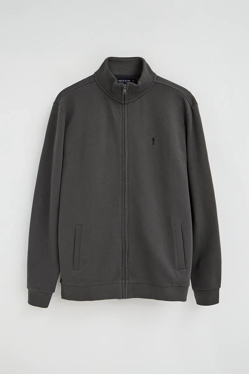 Sudadera gris oscuro de cuello alto con cremallera completa y bordado Rigby Go - Image 9