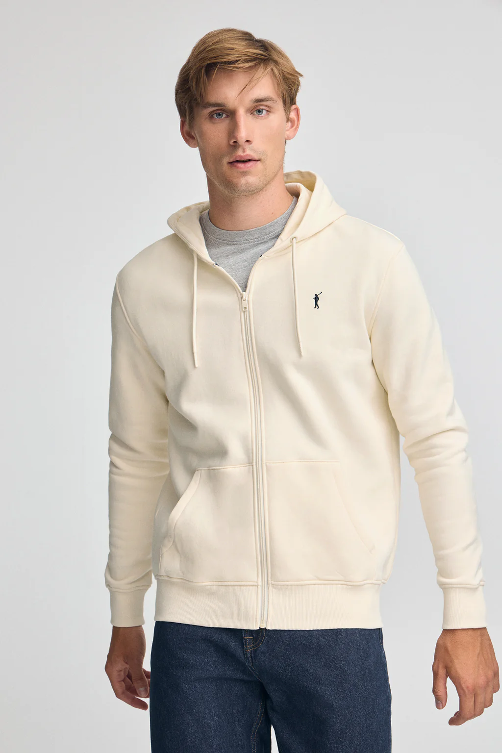 Sudadera color crudo con capucha y cremallera completa con logo Rigby Go