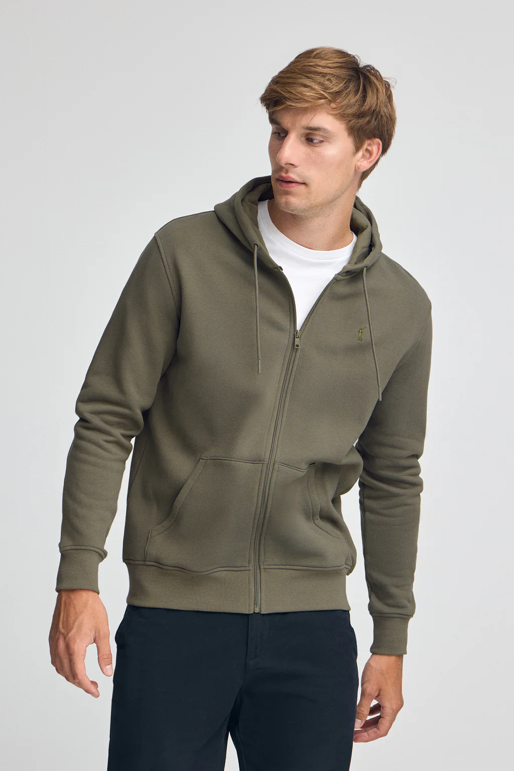 Sudadera verde militar con capucha y cremallera completa con logo Rigby Go