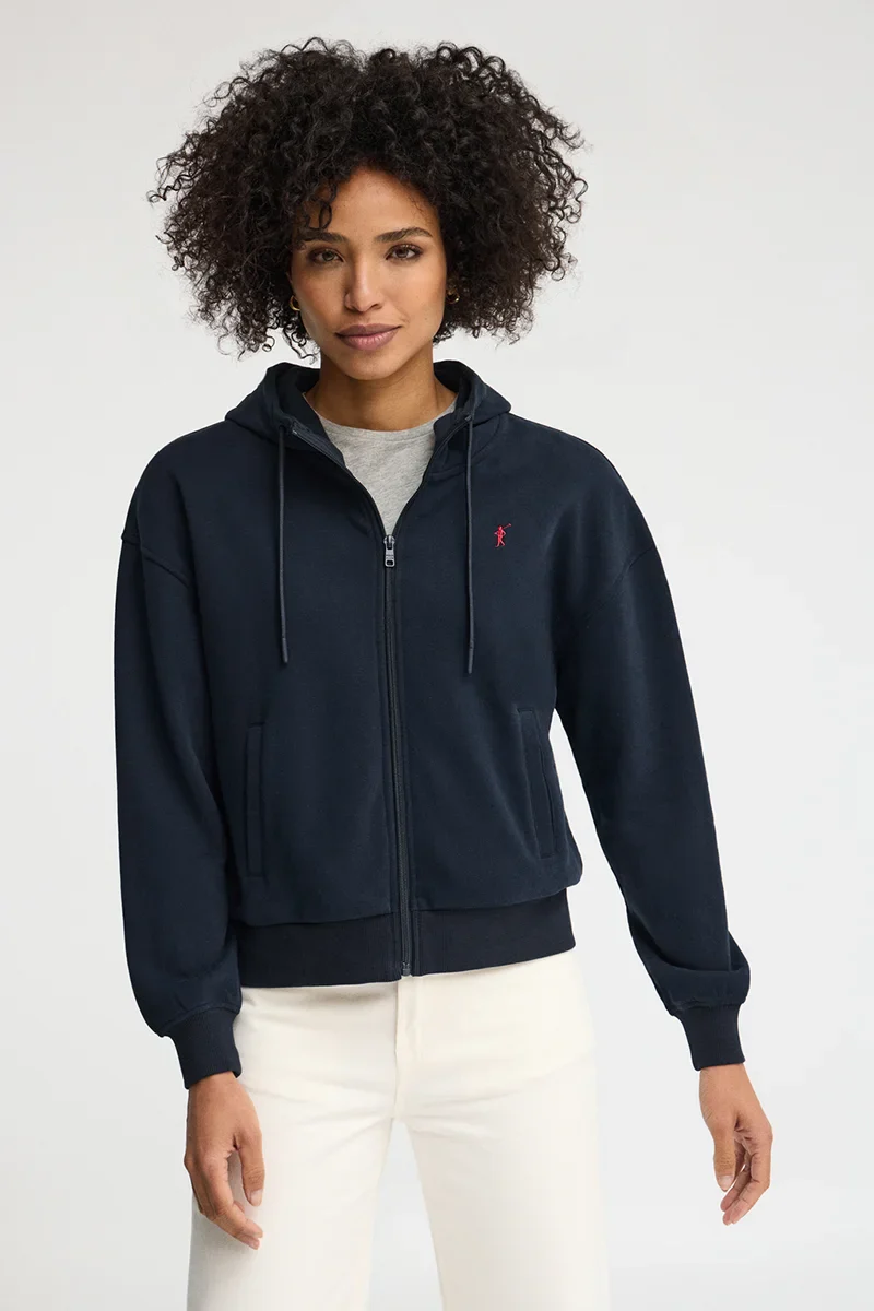Sudadera azul marino con capucha, cremallera y bordado Rigby Go