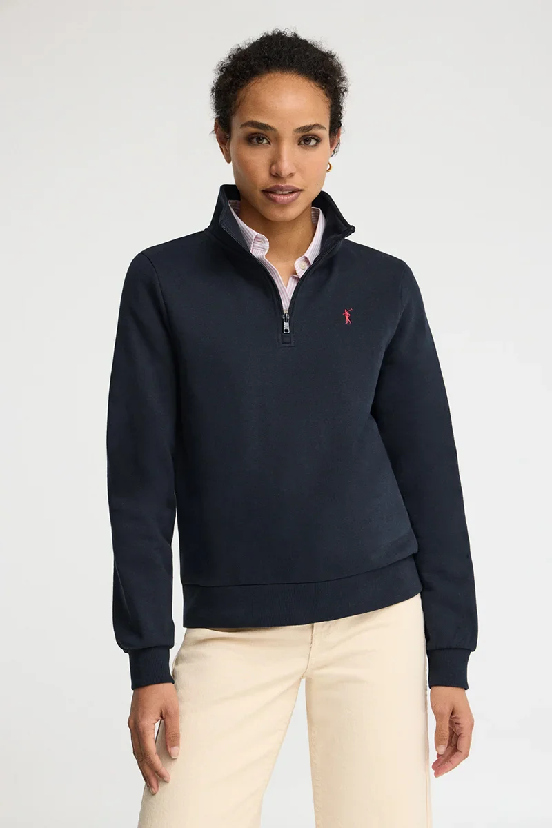 Sudadera azul marino con cuello cremallera y logo Rigby Go - Image 3