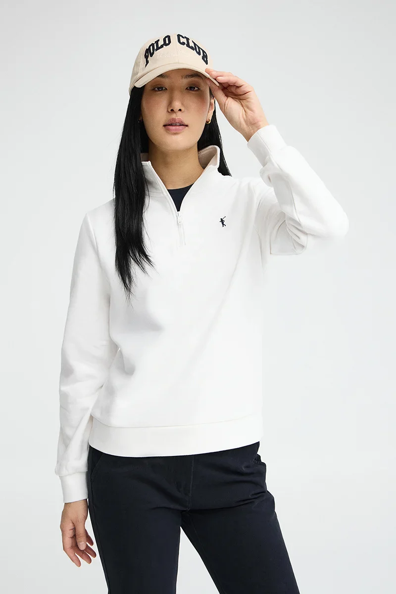Sudadera blanca con cuello cremallera y logo Rigby Go