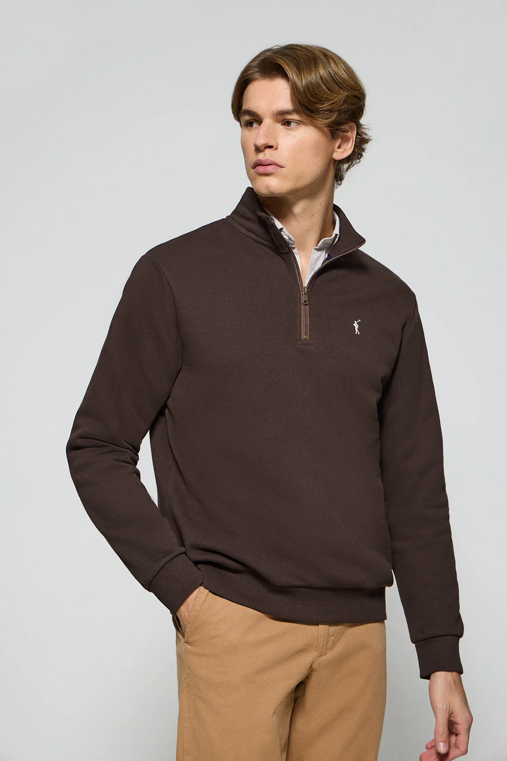 Sudadera de media cremallera marrón con logo bordado Rigby Go