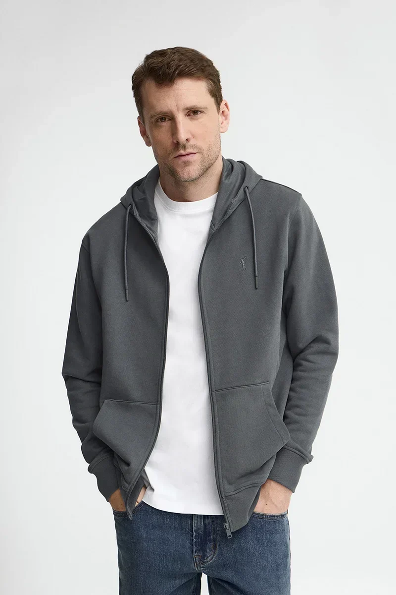 Sudadera gris piedra con capucha y cremallera con logo bordado Rigby Go
