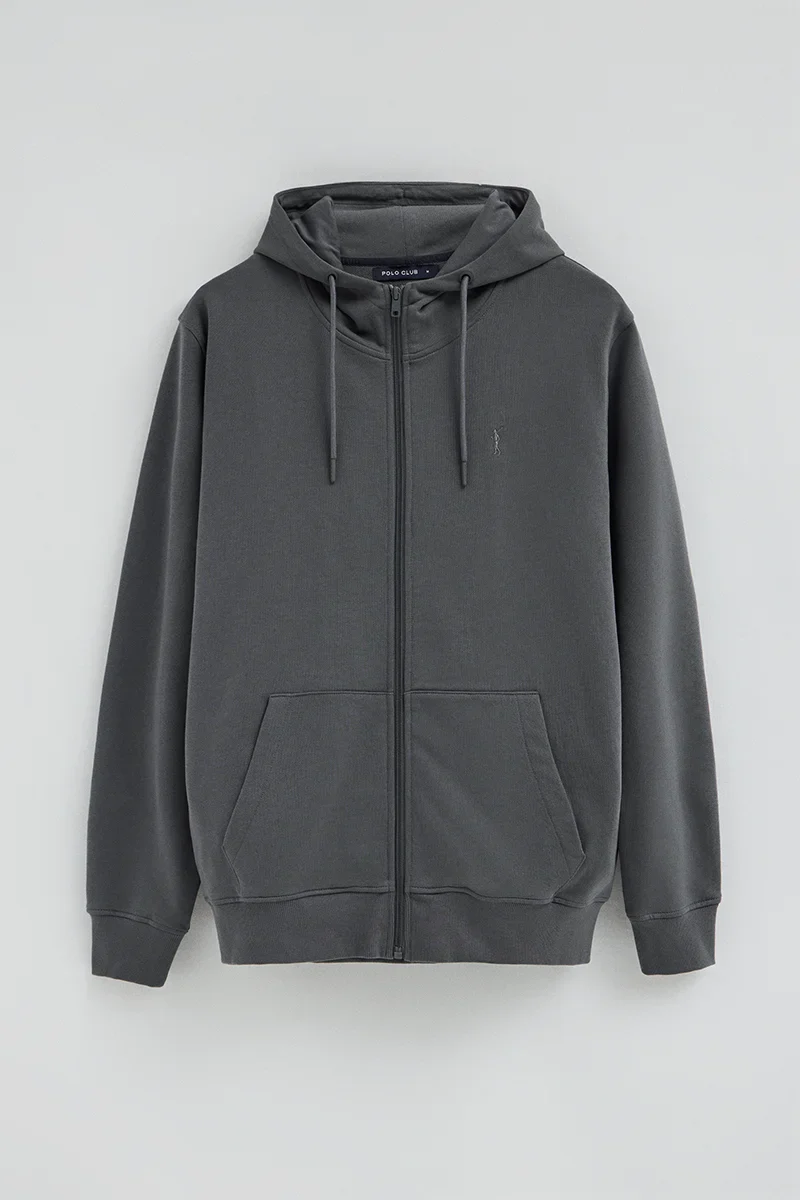 Sudadera gris piedra con capucha y cremallera con logo bordado Rigby Go - Image 9
