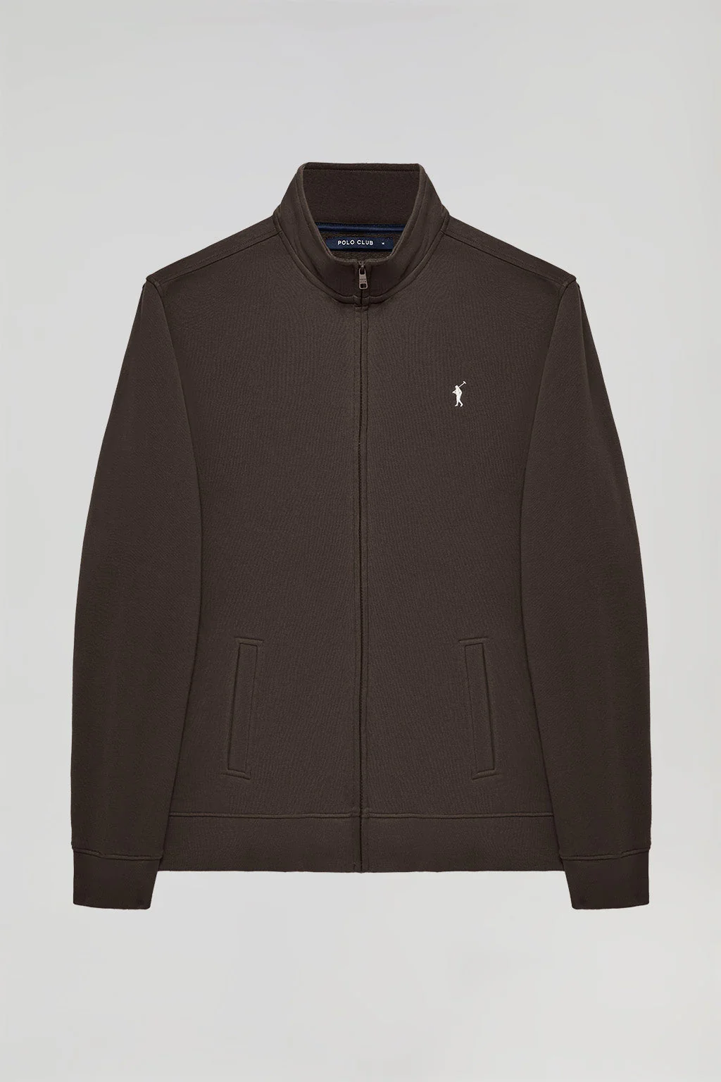 Sudadera abierta de cuello elevado marrón oscuro con logo Rigby Go - Image 5