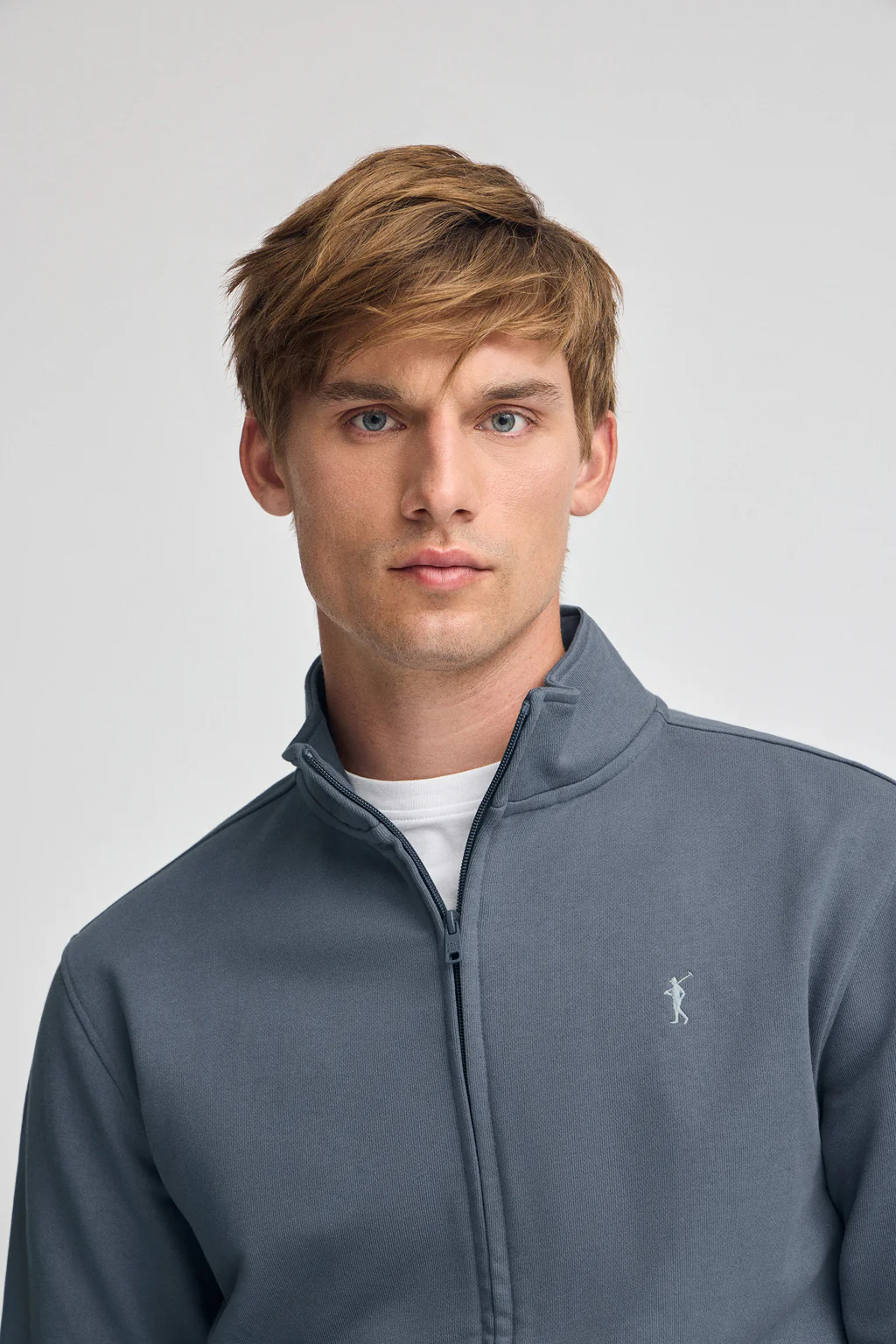 Sudadera azul denim de cuello alto y cremallera con logo Rigby Go - Image 2